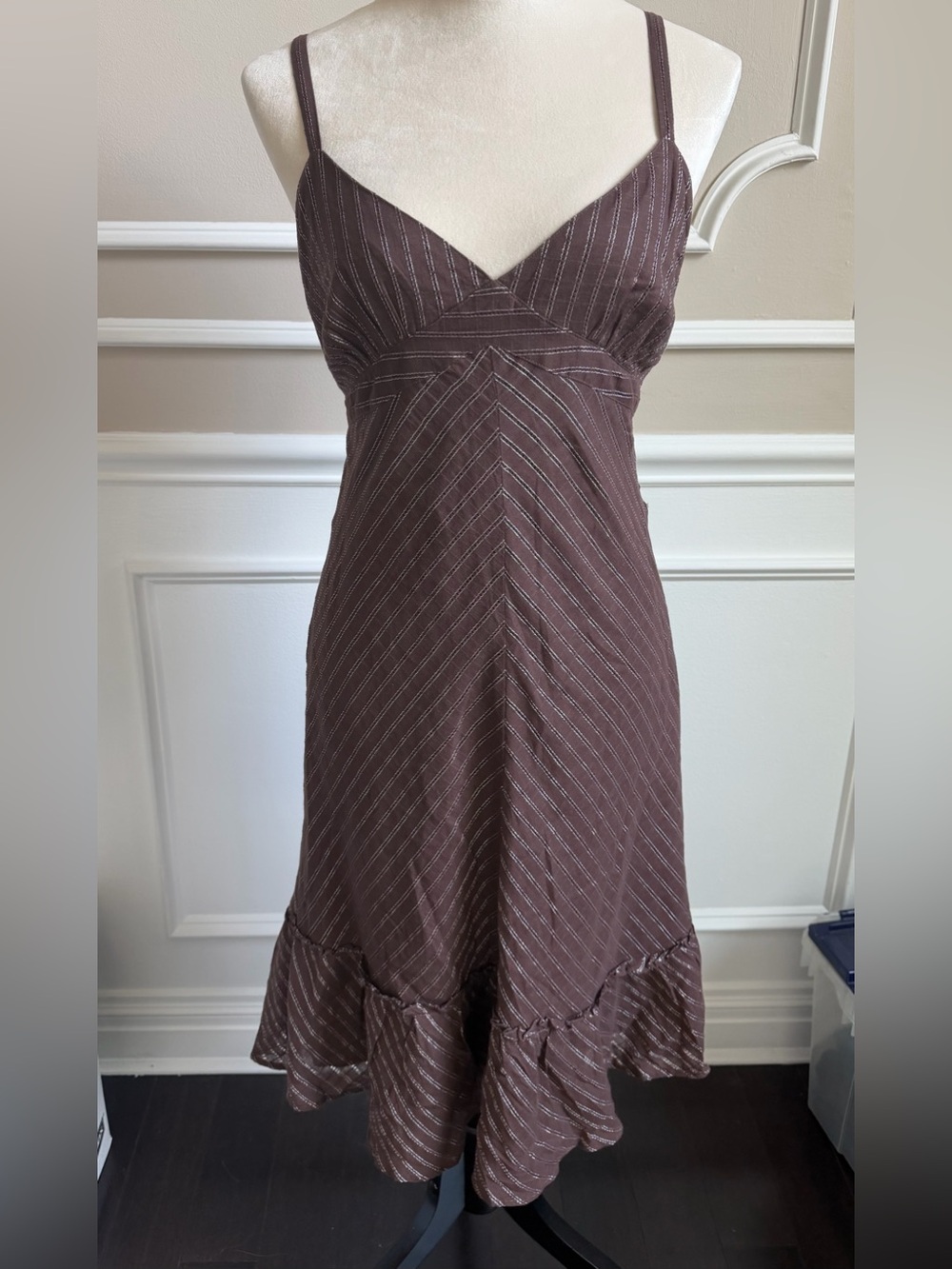GAP Brown Striped Midi Slip Dress with Ruffle Hem